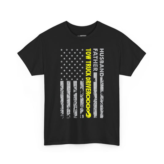 Tow Truck Driver American Flag Shirt, Tow Truck Driver USA Flag Graphic Tee, Wrecker Service Operator Apparel, Roadside Assistance Professional Shirt, Recovery Truck Driver Clothing Design, Patriotic Tow Truck Gift T-Shirt, Unisex Tow Truck Driver Shirt